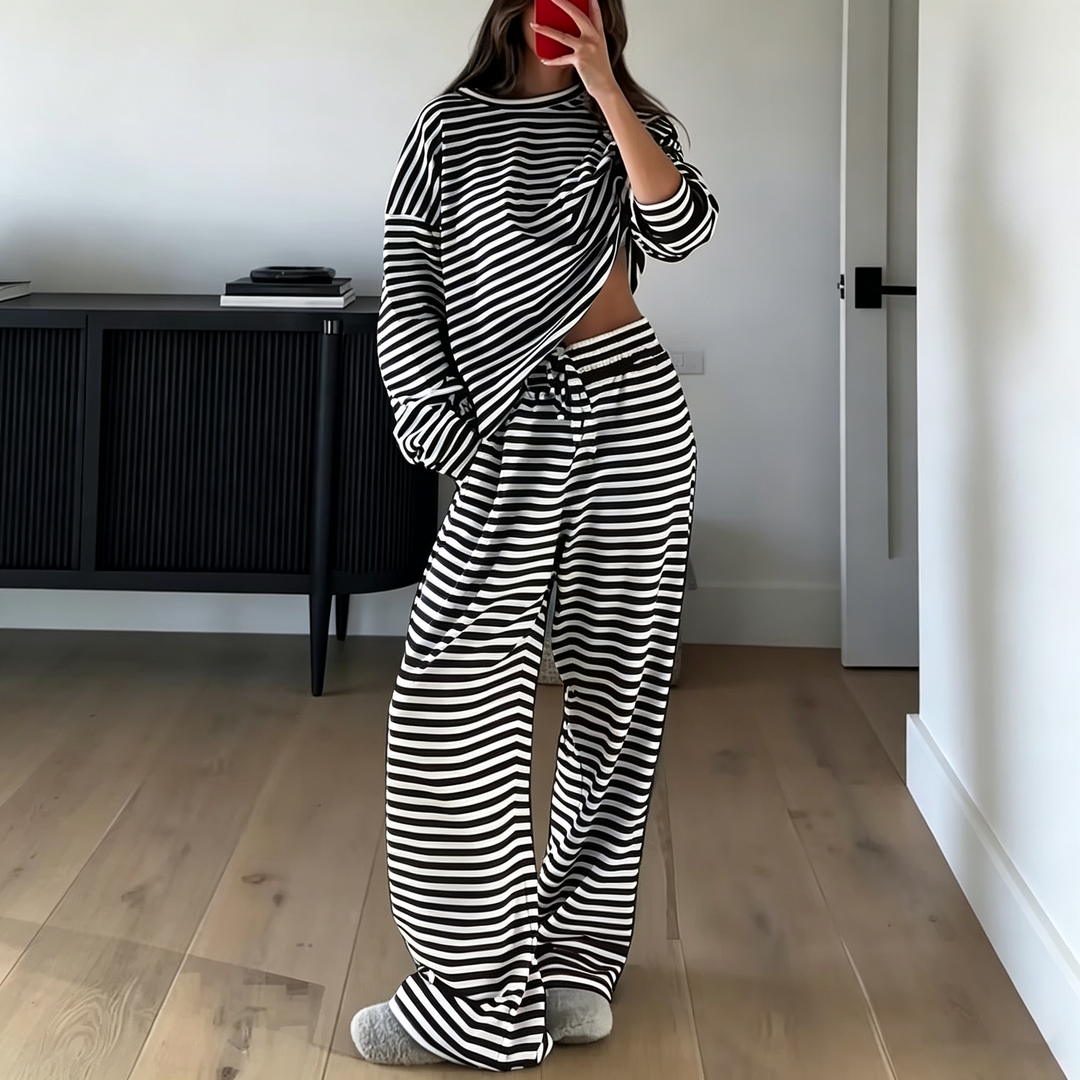 Cozy Striped Long‑Sleeve Casual Loungewear Set