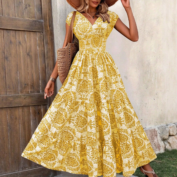 V-neck printed waist-cinching maxi dress