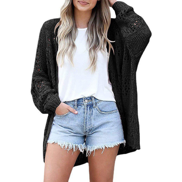 Long-sleeved open-front cutout knit cardigan