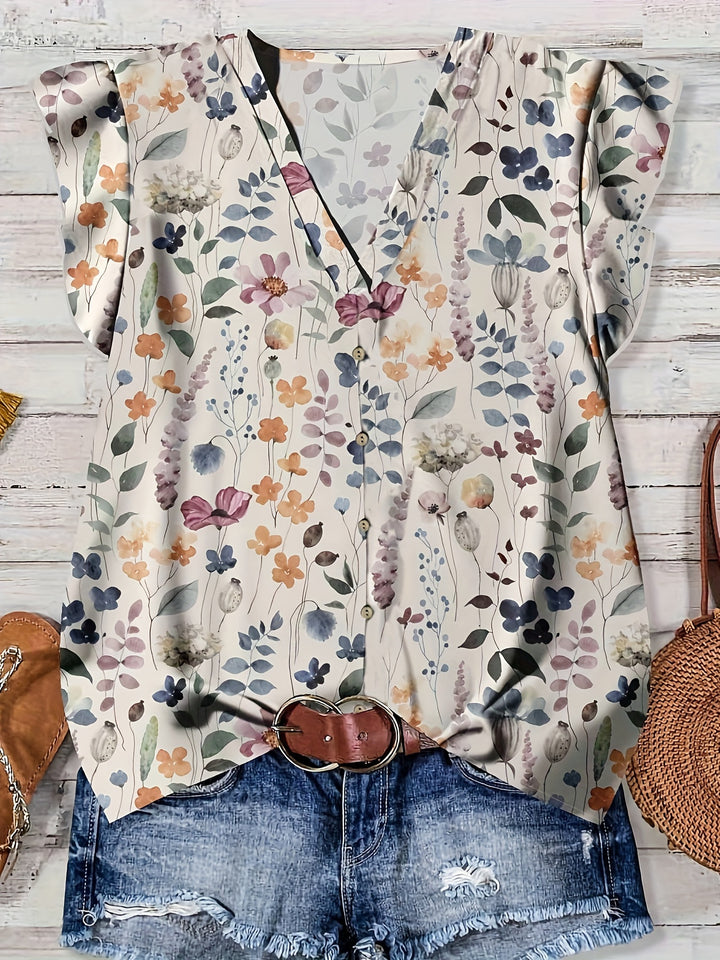Watercolor Floral Print V-Neck Ruffle Sleeve Blouse