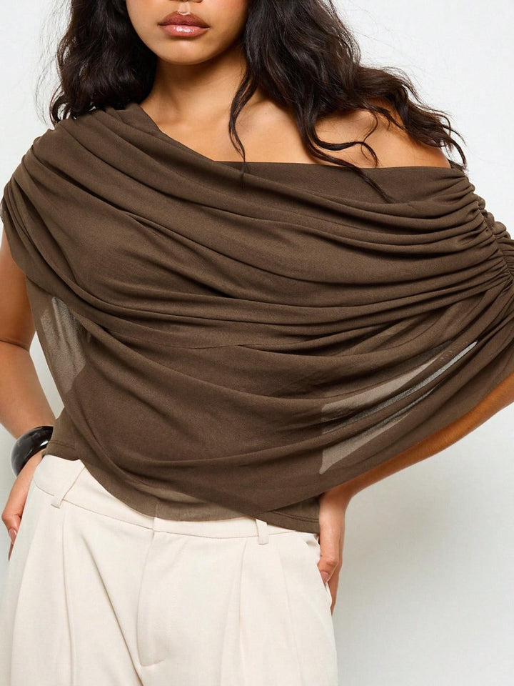Asymmetric Off Shoulder Draped Mesh Sleeveless Blouse