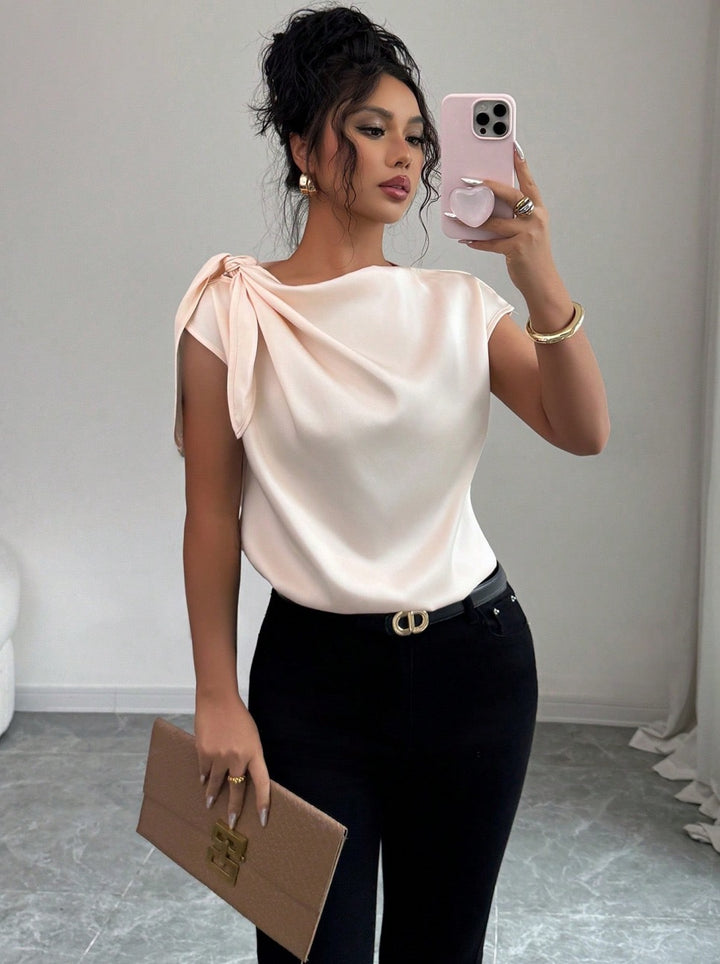 Multi-Color Asymmetrical Neck Satin Blouse with Bow Detail, Elegant Short-Sleeve Top for Women
