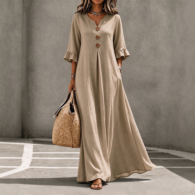 V-neck woven button-down ruffle sleeve long dress