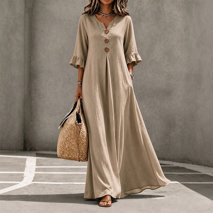 V-neck woven button-down ruffle sleeve long dress