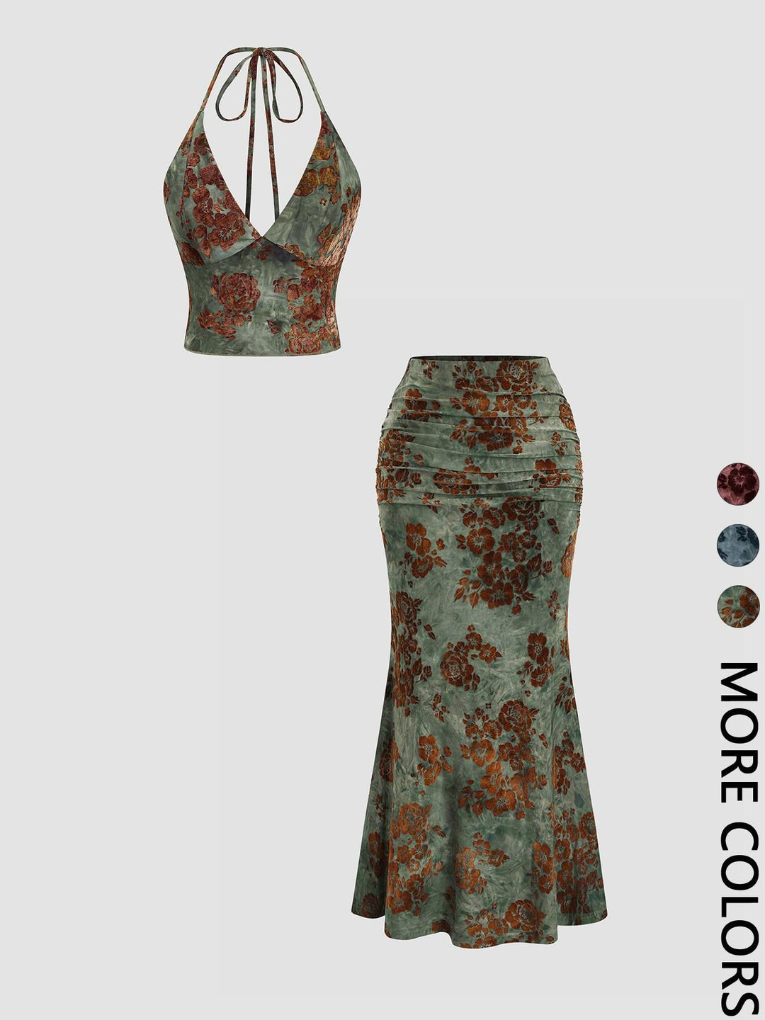 Floral Halter Top Ruched Midi Skirt Two-Piece Set