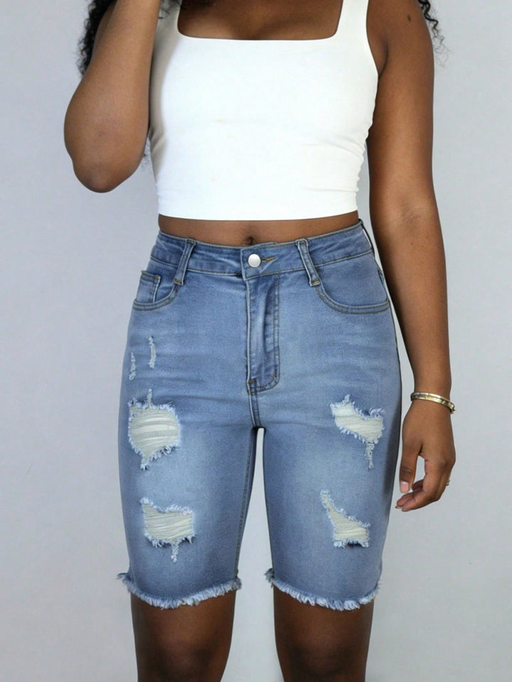 High Waist Light Wash Distressed Denim Bermuda Shorts