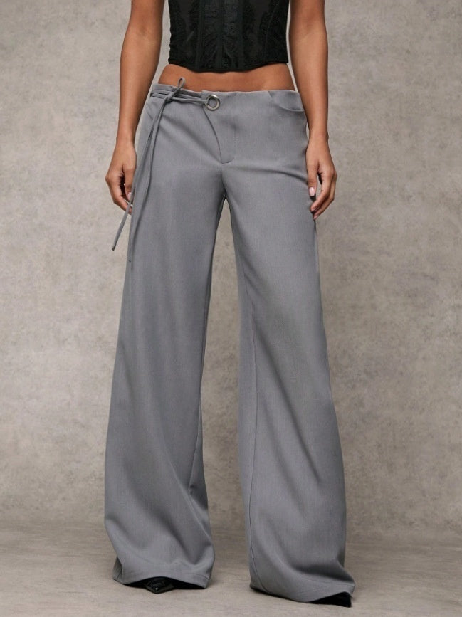 Low-Rise Tie Waist Wide Leg Trousers | Tailored Flare Pants with Metal Ring Detail for Women