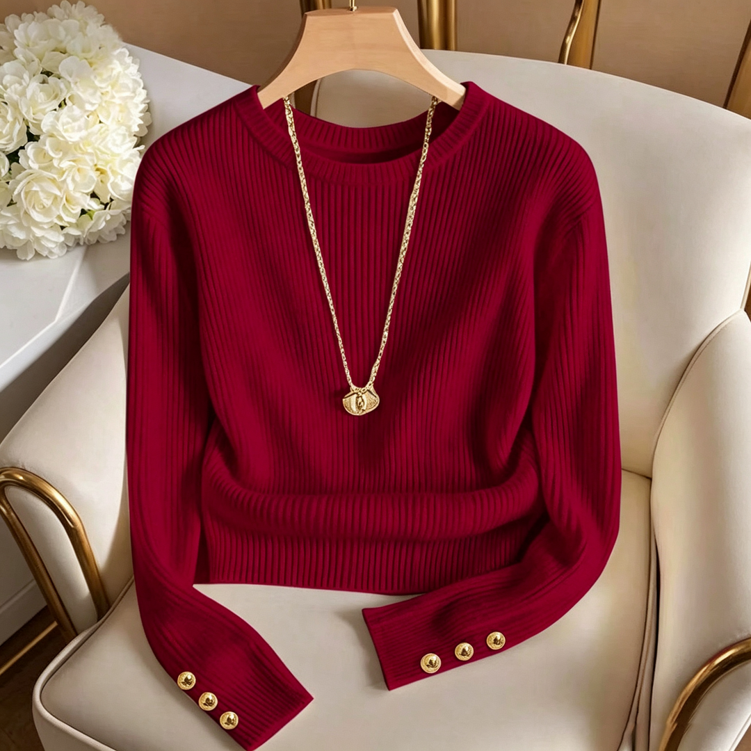 Crew Neck Long Sleeve Button Knit Sweater