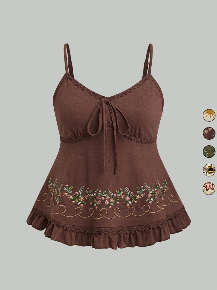 Embroidered Lace Trim Cami Top, Boho Peplum Spaghetti Strap Tank
