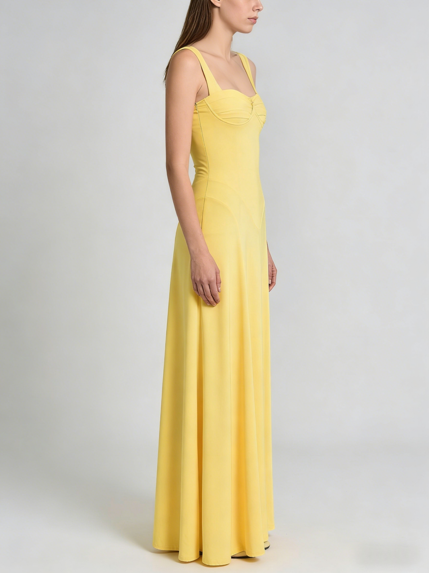 Square Neck Crisscross Open Back A-Line Maxi Dress | Twist Waist Lemon Yellow Evening Gown