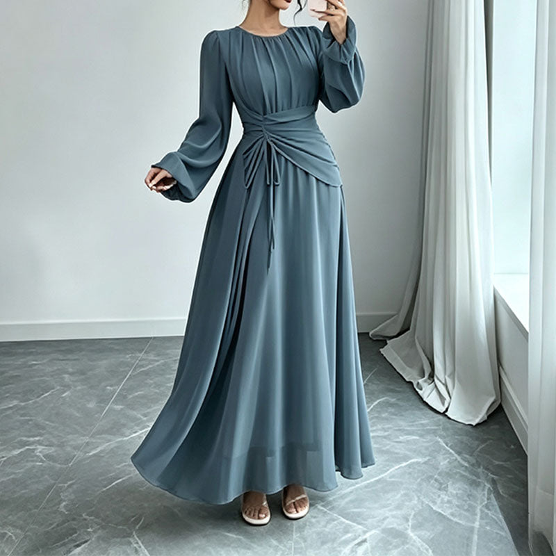 Long Sleeve Ruched Drawstring A-Line Dress