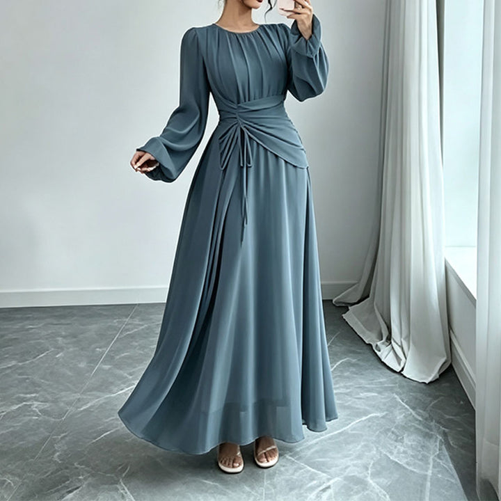 Long Sleeve Ruched Drawstring A-Line Dress