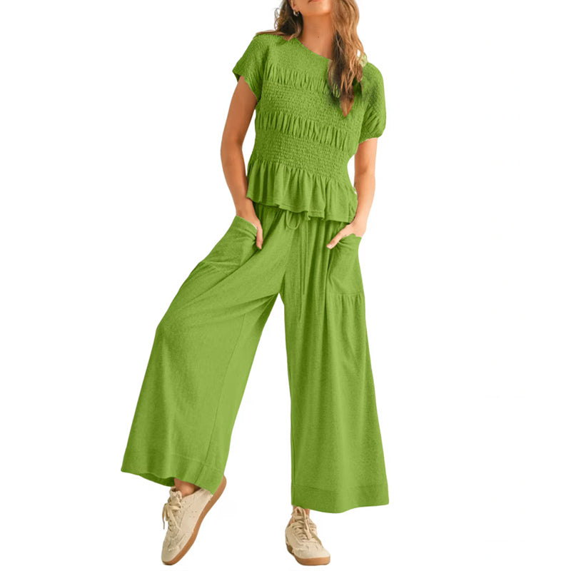 Smocked Top Wide Leg Pants Two Piece Set