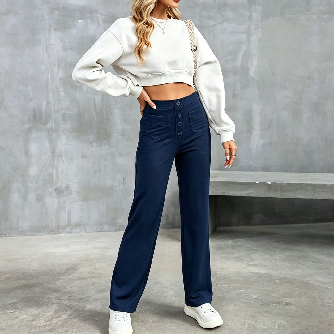 Solid color high-waisted straight leg pants