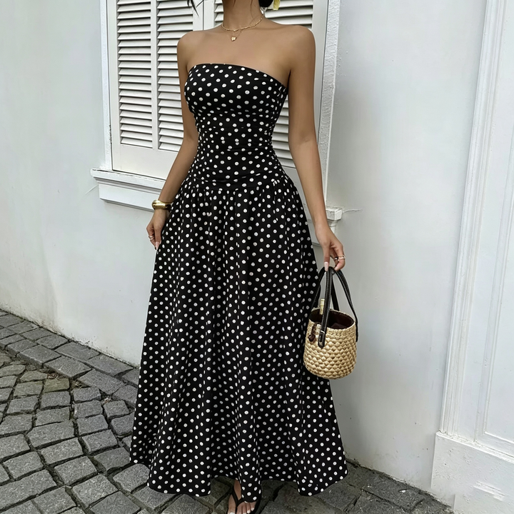 Retro Polka Dot Strapless Ruched Flowy Long Dress