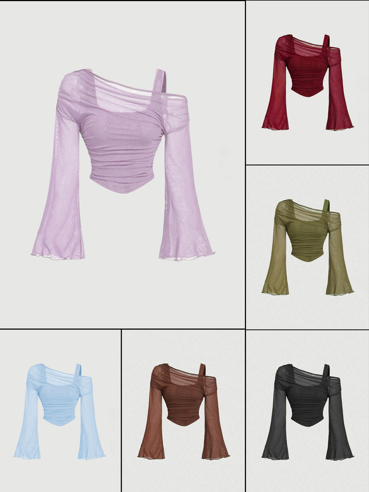 Off-Shoulder Mesh Flare Sleeve Cropped Top
