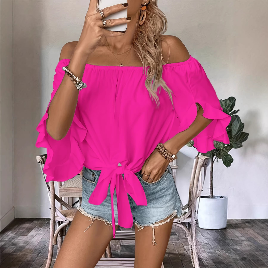 Loose Off Shoulder Ruffle Sleeve Self Tie Holiday Blouse