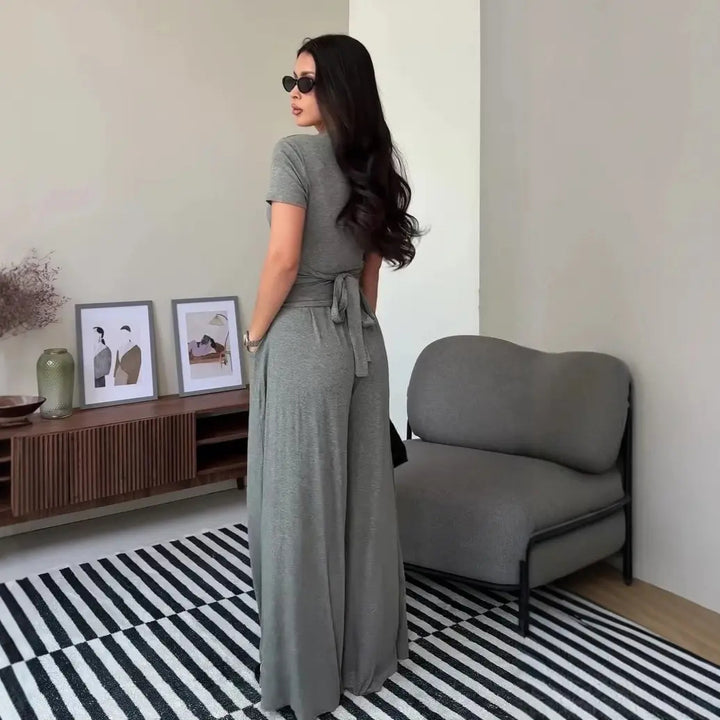 Wrap V Neck Short Sleeve Wide Leg Set