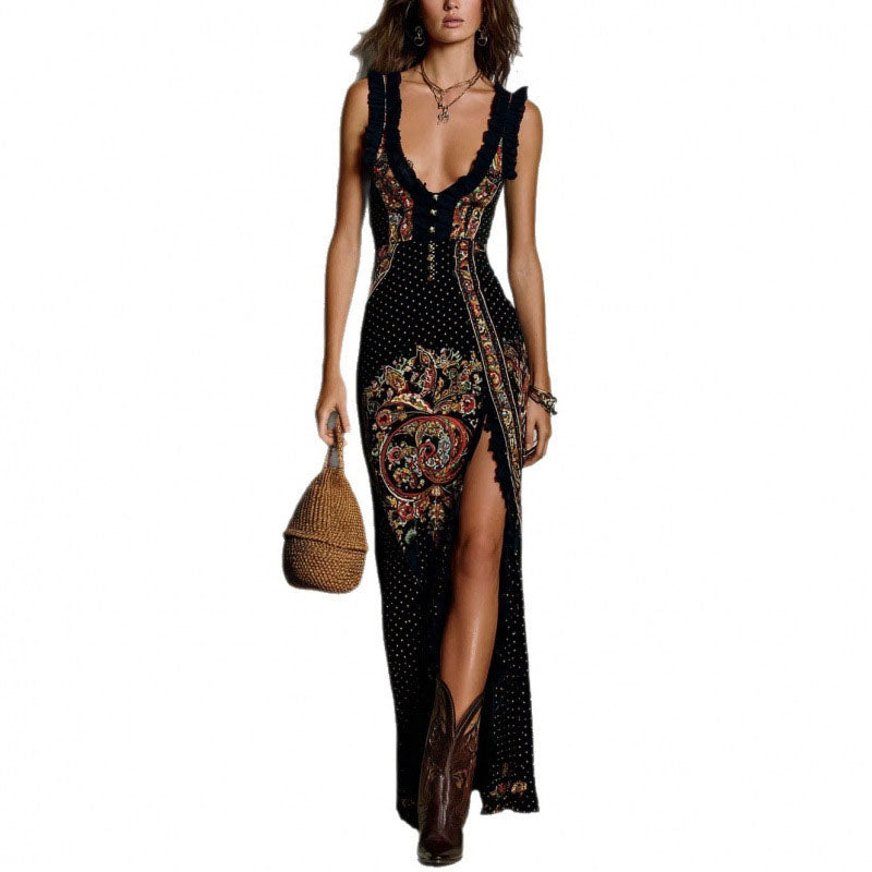 V-neck printed sleeveless maxi dress with a slit