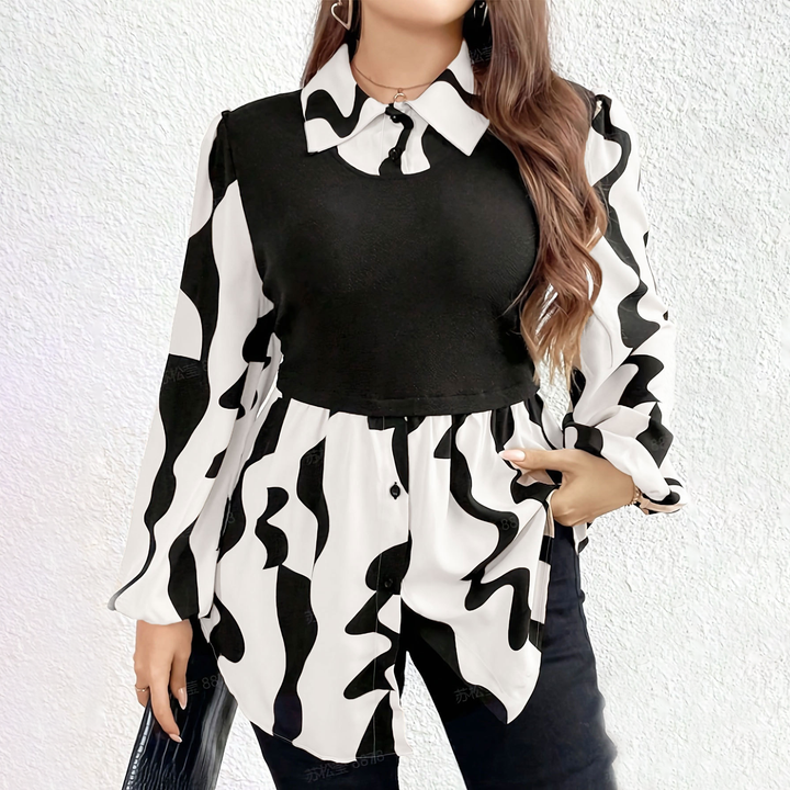 Panel Collar Peplum Abstract Pattern Shirt