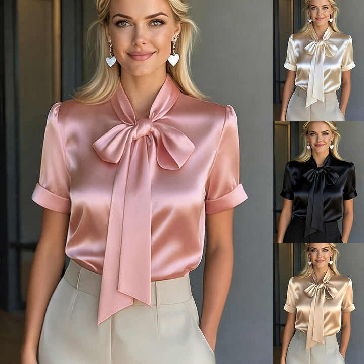 Satin Bow Neck Blouse - Elegant Short Puff Sleeve Silk Feel Shirt for Women