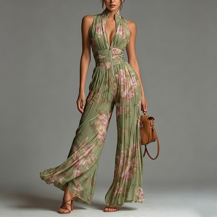 Sexy Zip Front Chiffon Pleated Wide Leg Jumpsuit