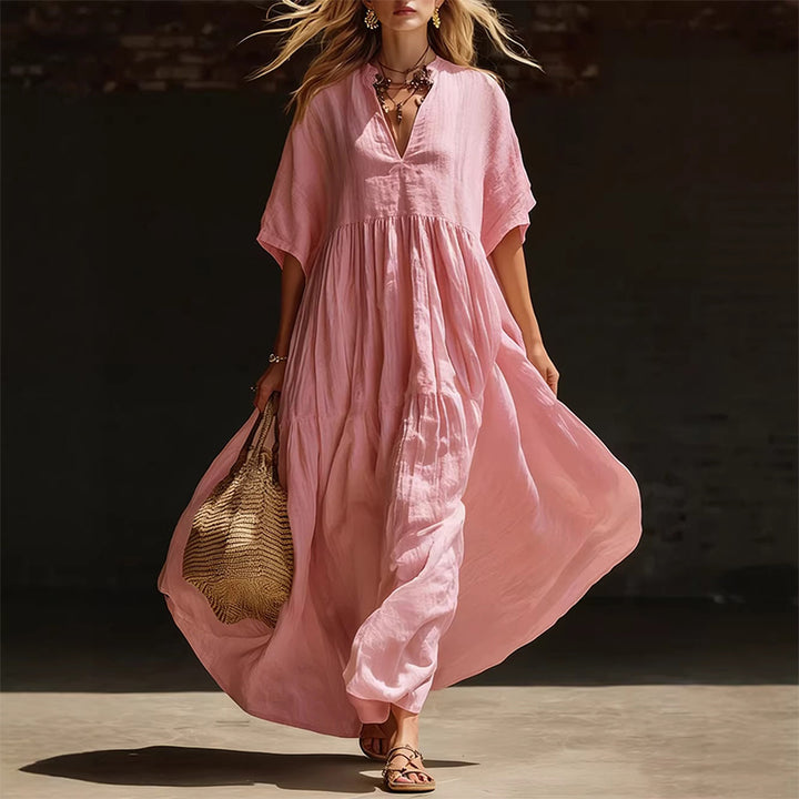 Solid color loose-fitting beach vacation long V-neck dress