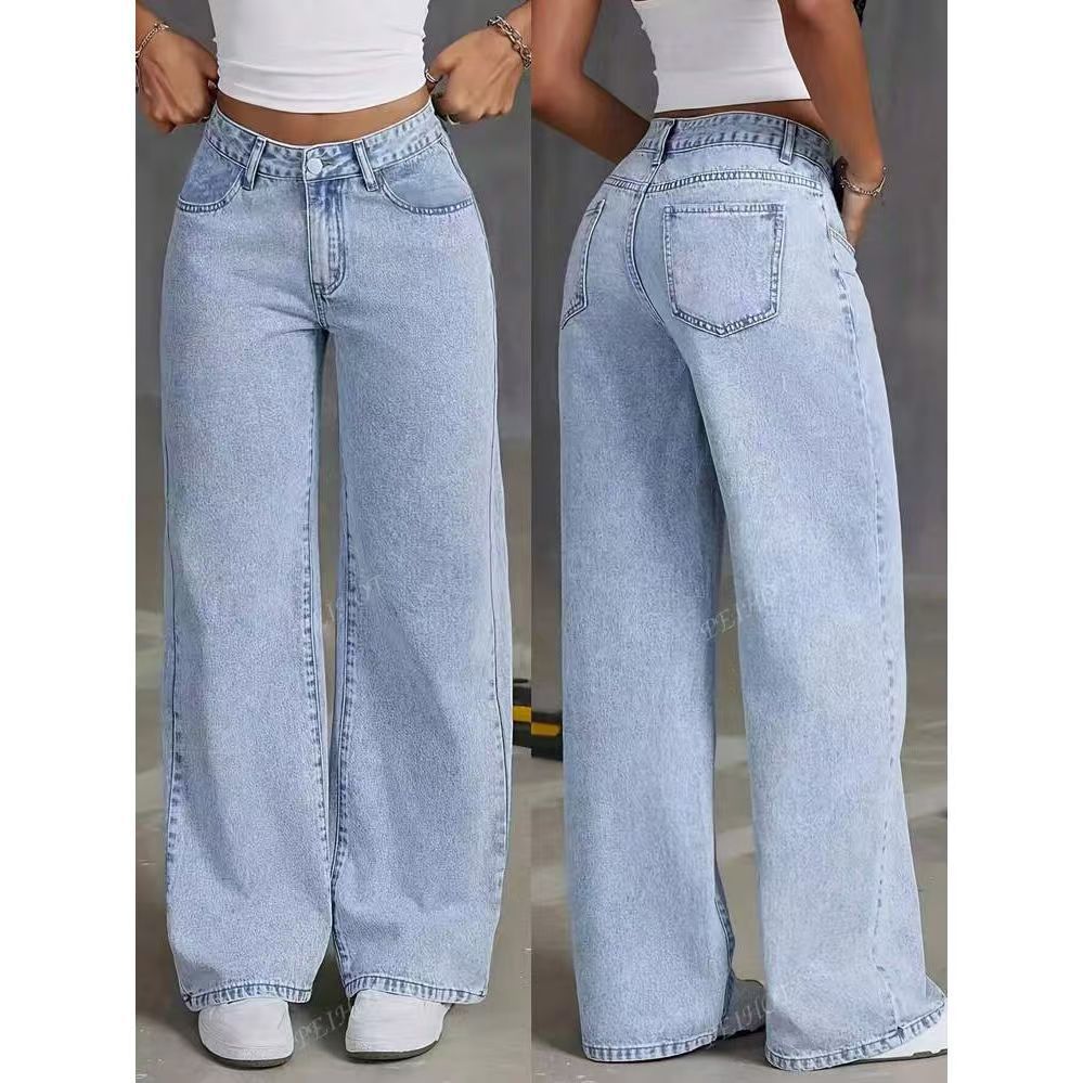 High-Waisted Wide Leg Blue Jeans, Casual Full-Length Denim Pants
