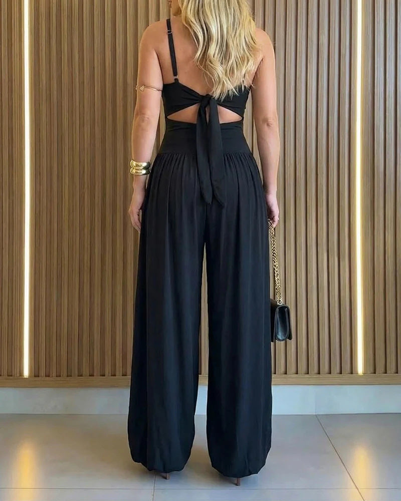 Cutout Waist Wide Leg Jumpsuit, Sleeveless Flowy Palazzo One-Piece