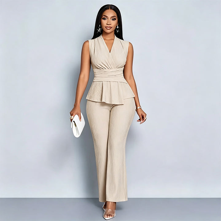 V-neck sleeveless irregular T-shirt and wide-leg pants set