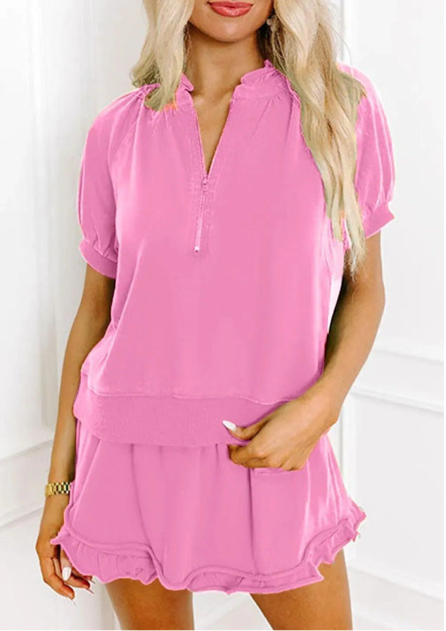 Women 2 Piece Lounge Sets Casual Short Sleeve Outfits Half Zip Puff Sleeve Top and Ruffled Shorts Set