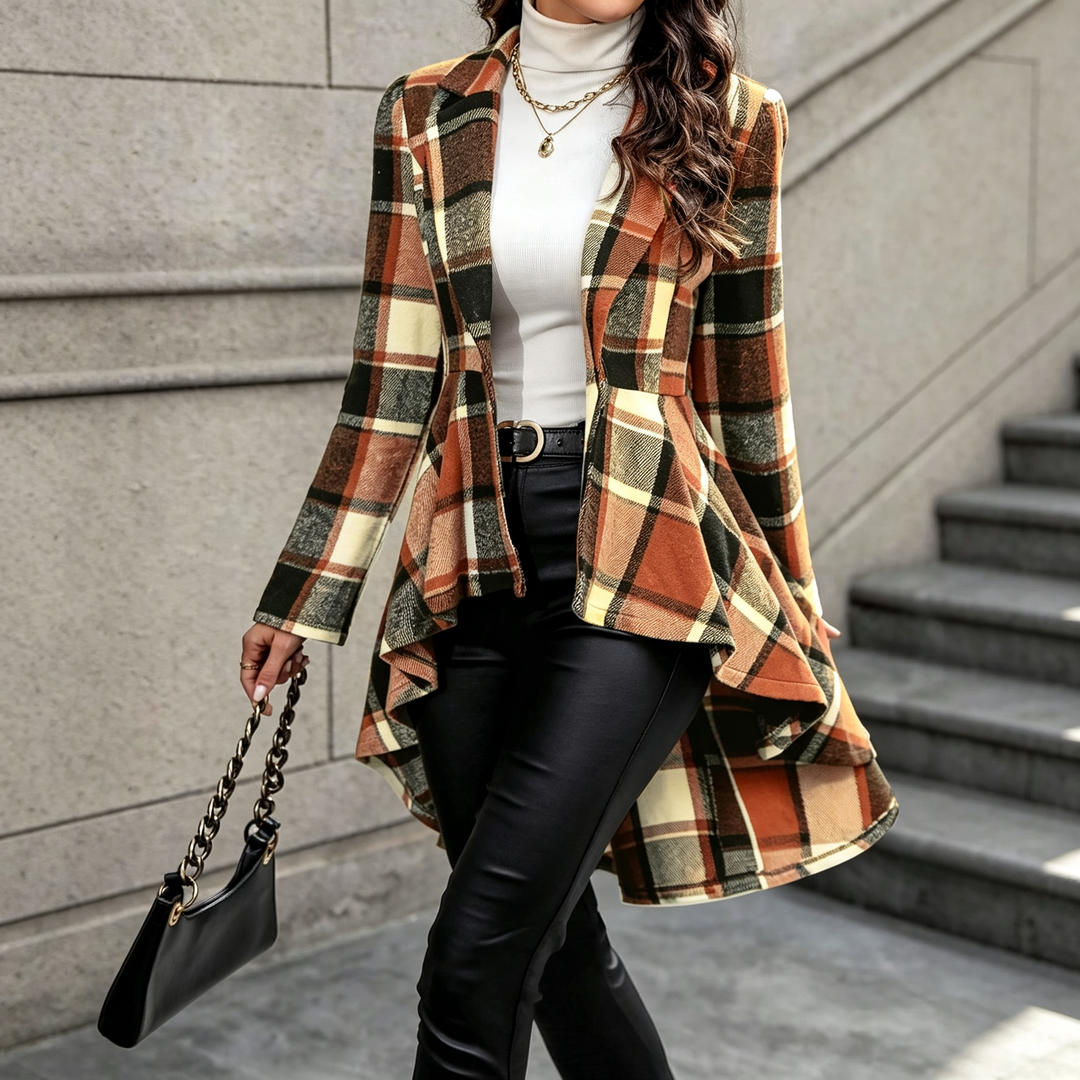 Irregular Hem Plaid Long Sleeve Coat