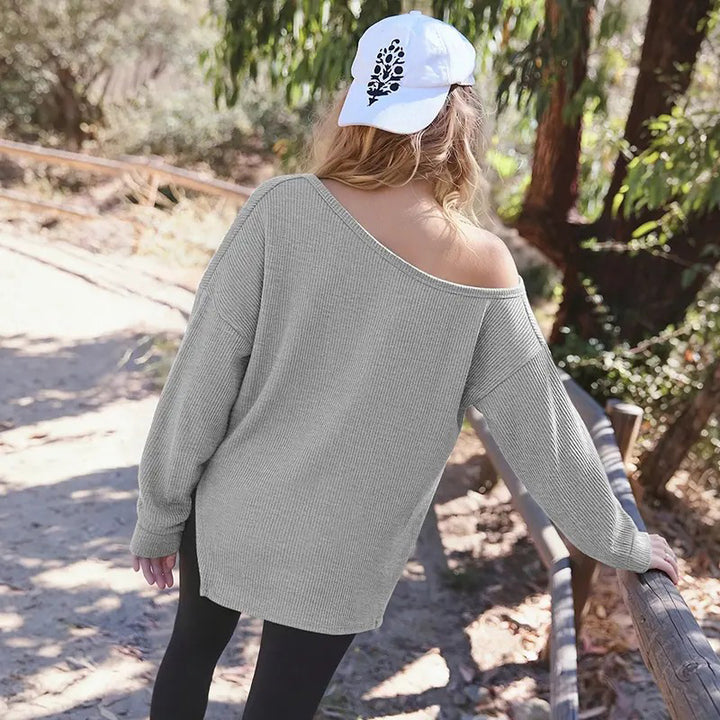 Off-the-shoulder waffle asymmetrical knit top