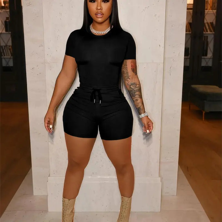 Short Sleeve Top Drawstring Biker Shorts Two-Piece Set
