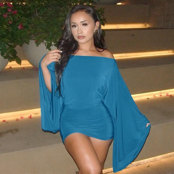 Off-Shoulder Flare Sleeve Ruched Mini Dress