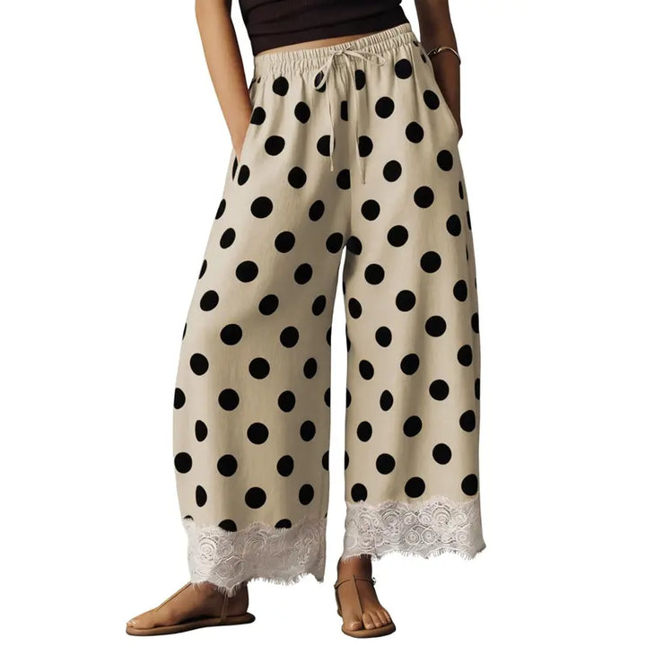 White Polka Dot Drawstring Loose Cropped Pants With Scalloped Lace He