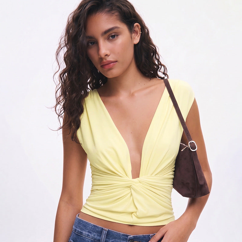 Deep V Twist Front Sleeveless Crop Top