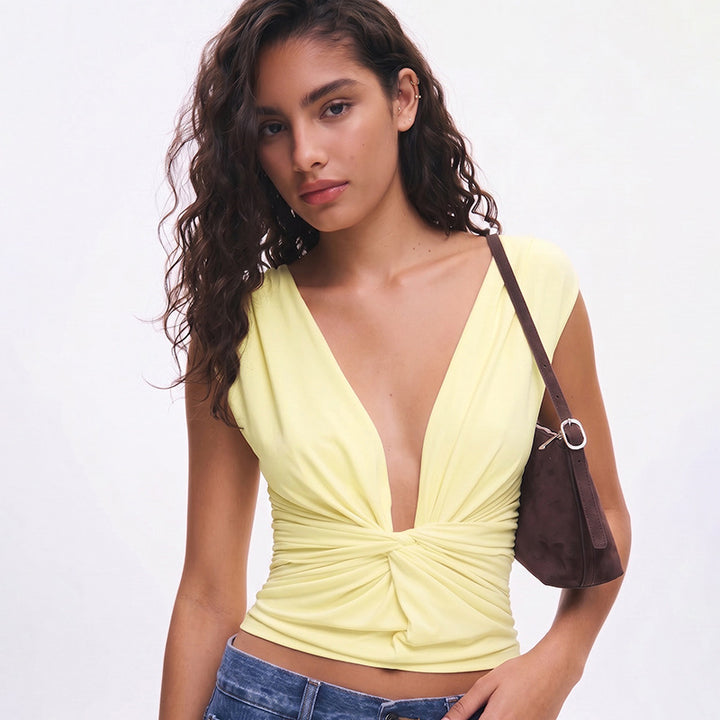 Deep V Twist Front Sleeveless Crop Top
