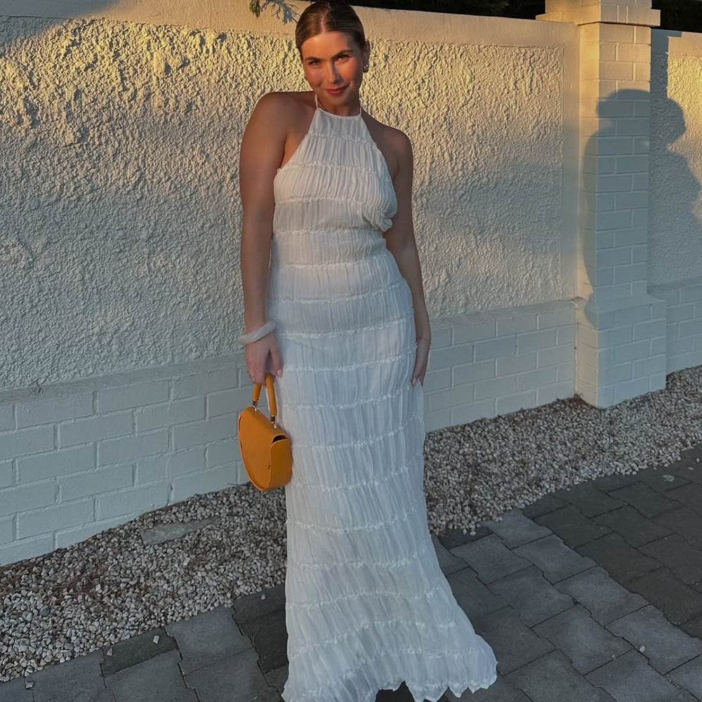 Cream Smocked Halter Maxi Dress | Sleeveless Crinkle Cotton A-Line Beach Dress