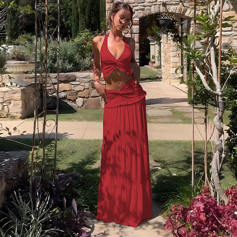 Halter Crop Top &amp;amp; Tiered Maxi Skirt Two-Piece Set