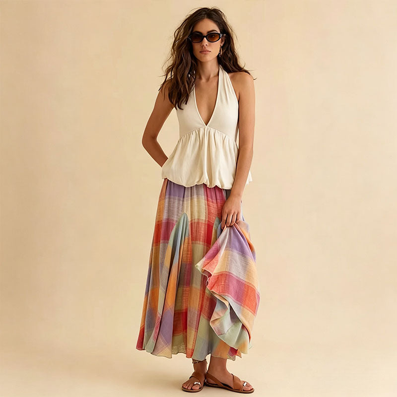Mid-length colorful plaid skirt