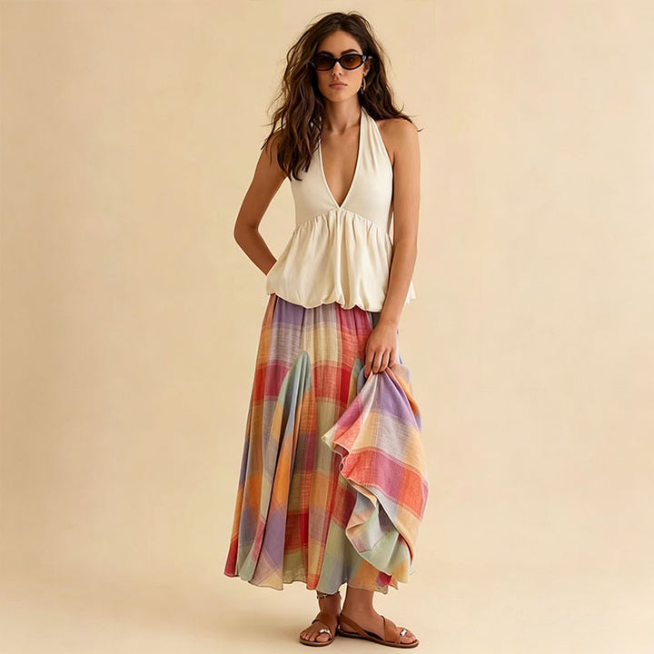 Mid-length colorful plaid skirt