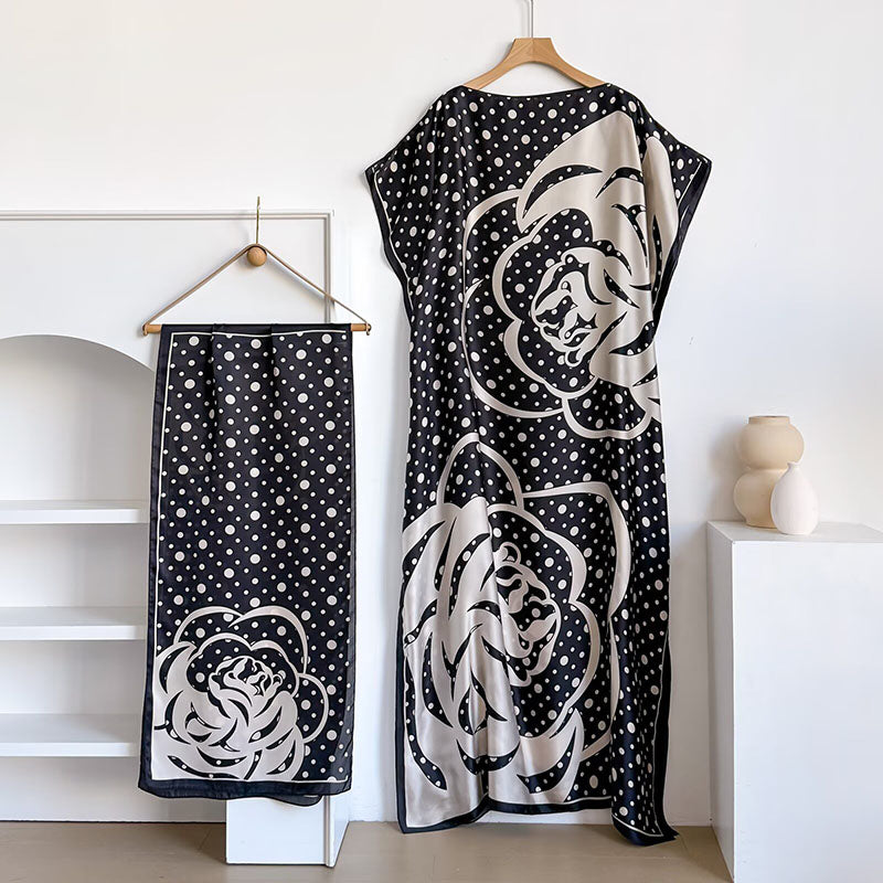 Elegant Casual Loose Fit Maxi Dress with Headscarf Two Piece Fashion Set