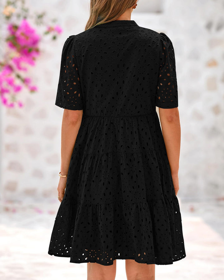 Eyelet Embroidery Tiered Mini Dress, Notched Neck Short Sleeve Casual Summer Dress