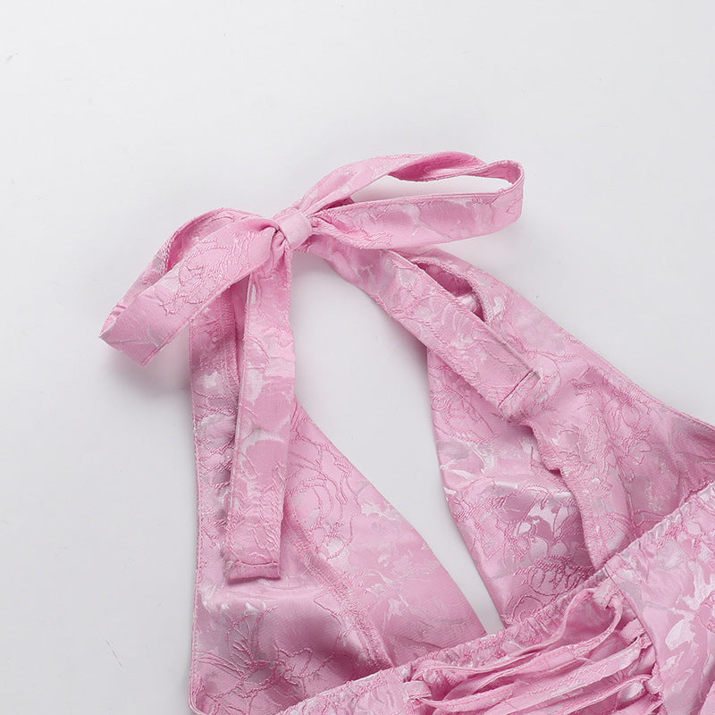 Jacquard Halter Mini Dress with Statement Bow