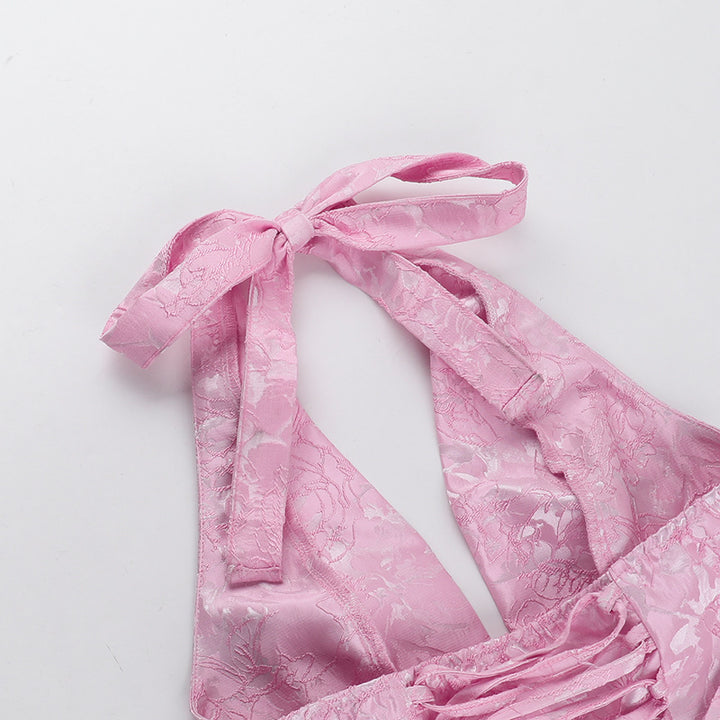 Jacquard Halter Mini Dress with Statement Bow