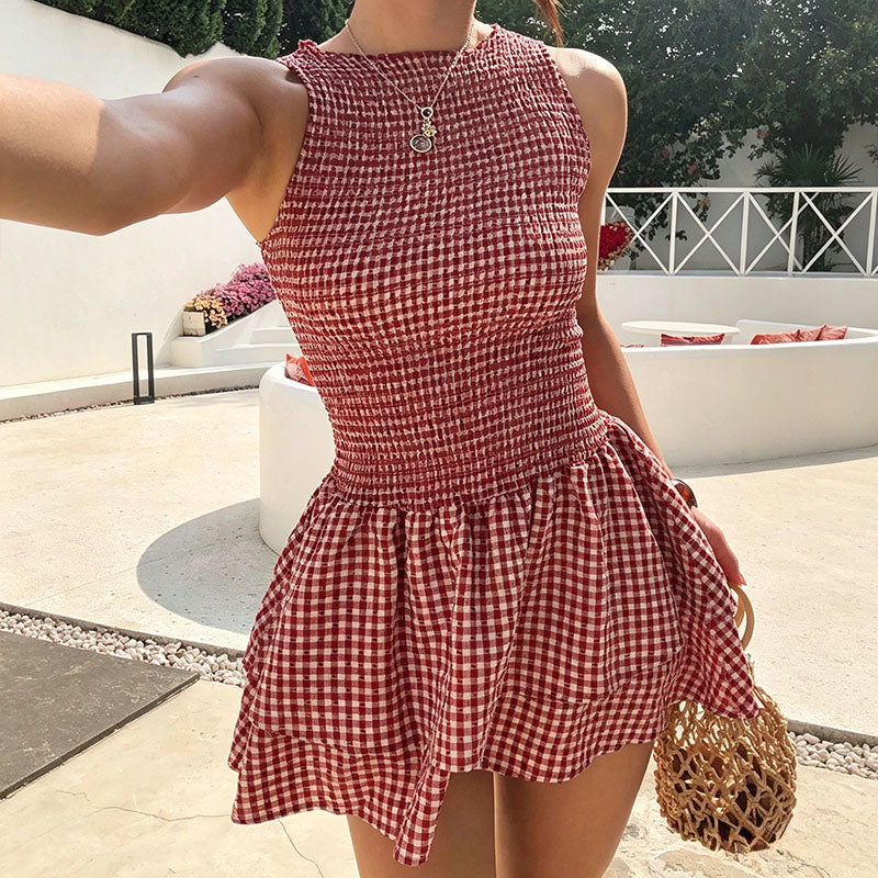 Sleeveless Plaid Dress with Pleated Waist
