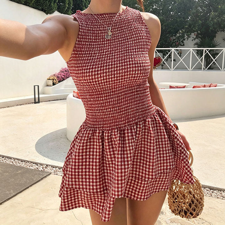 Sleeveless Plaid Dress with Pleated Waist
