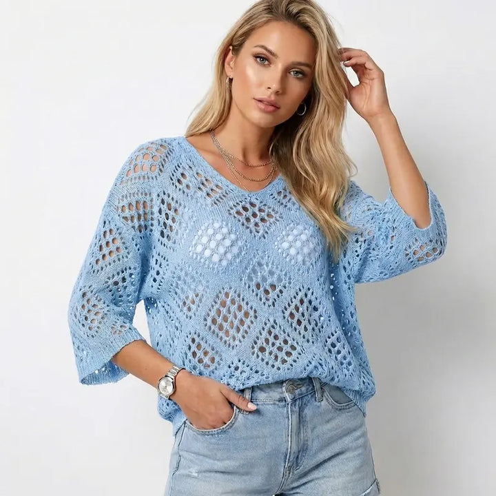 Multi-Color Crochet Knit Top, V-Neck Elbow Sleeve Openwork Sweater for Women