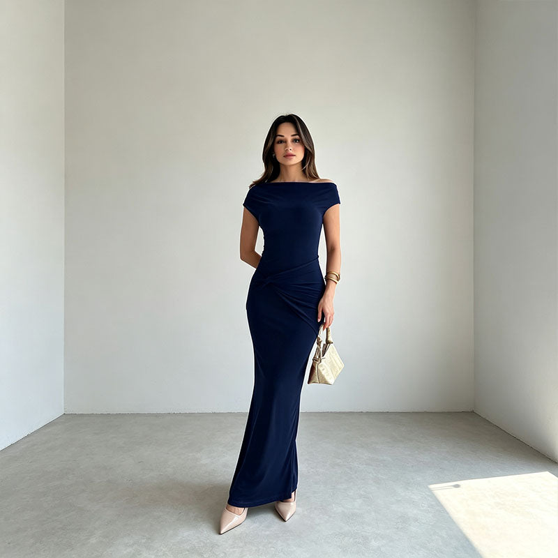 One-shoulder ruched and slit dress